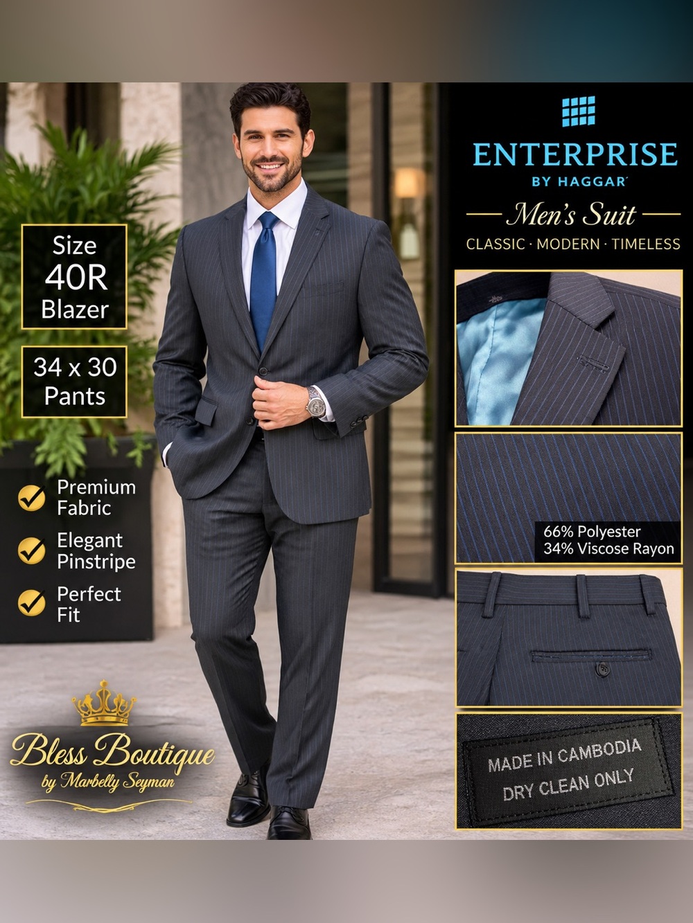 Enterprise by Haggar Men’s 40R 34x30 Charcoal Blue Pinstripe 2 Piece Suit